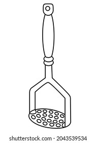 Potato masher - vector linear illustration for coloring. Outline. Potato Press - Kitchen tool for coloring book, logo or sign. Kitchenware