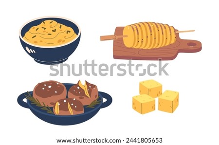 Potato Meals, Mashed, Baked, Tornado Spiral and Diced Vegetable. Versatile Potato Root Vegetable, Is Used In Dishes
