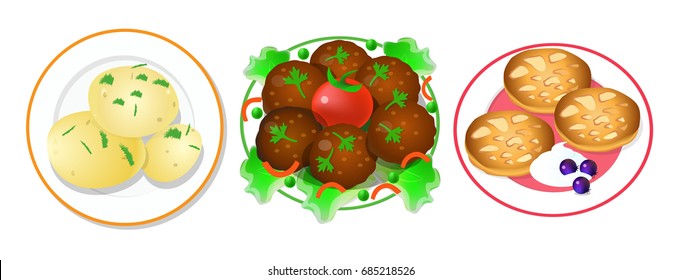 Potato, meatballs, sour cream. Vector. Icon