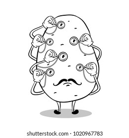 Potato with monocular in each eye coloring vector illustration. Isolated image on white background. Cartoon food character. Comic book style imitation.