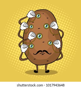 Potato with monocular in each eye pop art retro vector illustration. Cartoon food character. Color background. Comic book style imitation.