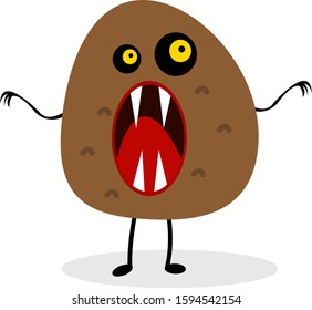 potato monster with sharp fangs and an open mouth object on a white background cartoon character with sparkling orange eyes of different sizes the concept of vegetables and mysticism