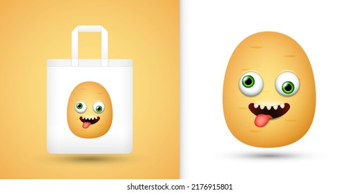 Potato on white tote bag. Vector