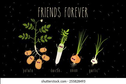 Potato, onion, garlic, daikon, cartoon vegetables illustration. Vector cartoon. Friends forever, comic characters.