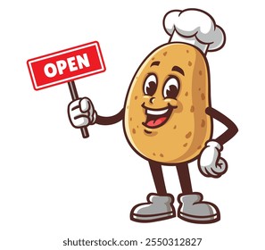 Potato with open sign,  Cartoon Mascot Illustration Character Vector Clip-art Hand-drawn Logo Design