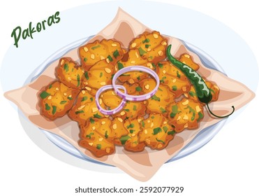 Potato Pakoras Served on Parchment Paper in a Plate with Onion and Green Chili Garnish. Spicy Asian Deep Fried Street Snacks Detailed Illustration.