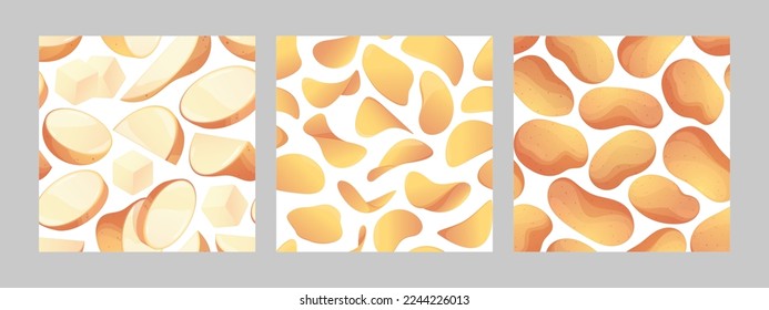 Potato pattern. Seamless print collection with whole vegetables french fries chips cartoon style, fast food backgrounds. Vector texture set of food seamless pattern, vegan potato chips illustration