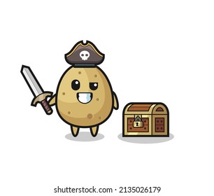 the potato pirate character holding sword beside a treasure box , cute style design for t shirt, sticker, logo element