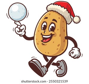 Potato playing snowballs and wearing a christmas hat,  Cartoon Mascot Illustration Character Vector Clip-art Hand-drawn Logo Design