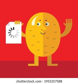 Potato with preloader icon. Cartoon character with face. Flat style vector illustration on red background.