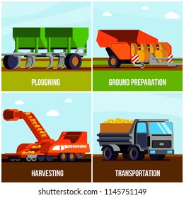 Potato production flat design concept with ploughing ground preparation harvesting and transportation isolated vector illustration  