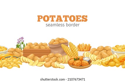 Potato products horizontal seamless frame border. Chips, pancakes, french fries, whole and cut root potatoes in cartoon style. Vector illustration of harvest vegetables