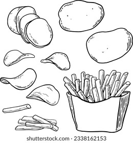 Potato products outline icons set. Engraved drawn monochrome french fries, whole root potatoes for farm market and shop design. Vector illustration of harvest vegetables.