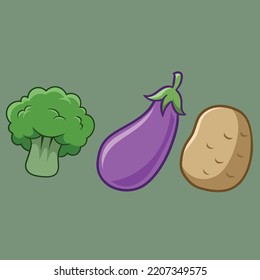 potato, purple eggplant and broccoli vector illustration design
