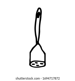 Potato pusher quick ink sketch.
Kitchenware, vegetable chopper, potato press. Black elements on a white background. Vector illustration.