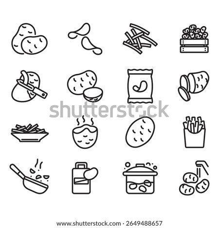 Potato related icons collection. Thin line style vector. Contains various potato dishes,potato cooking process and more.