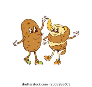 Potato retro groovy barbeque characters. Isolated cartoon vector adorable ripe farm vegetable funky bbq personages. Peeled and unpeeled potato veggies carefree dancing at picnic party with happy faces