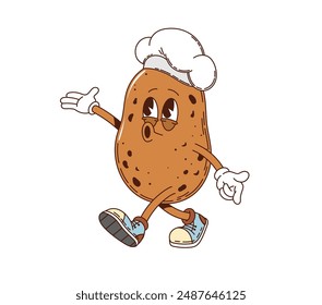 Potato retro groovy barbeque grill character. Isolated cartoon vector adorable ripe farm vegetable. Funky bbq personage wearing chef toque, sneakers and gloves, gesturing with happy face expression