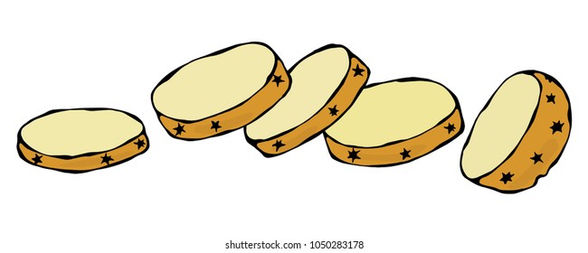 Potato Round Slices. Half of Potato and Potato Cuts. Fresh Farm Harvest Product. Vegetable Cooking Ingredient. Meat, Soup, Main Course Spice. Realistic Hand Drawn Illustration. Savoyar Doodle Style.