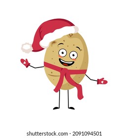 Potato Santa character with happy emotion, joyful face, smile eyes, arms and legs with scarf and mittens. Fruit person with expression, food for Christmas and New year