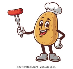 Potato with sausage,  Cartoon Mascot Illustration Character Vector Clip-art Hand-drawn Logo Design