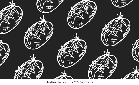 ​Baked potato seamless pattern. Roasted vegetable vector illustration. Hand drawn food background. Minimalist sketch line art. Flat colorful culinary design. Repeating potato textile wallpaper.