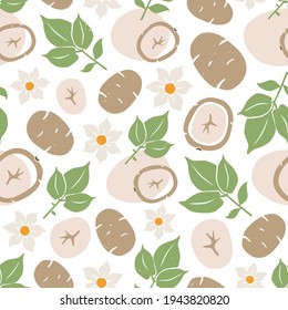 Potato seamless pattern. Whole vegetables, sliced pieces, leaves and flowers on white background. Vector shabby hand drawn illustration