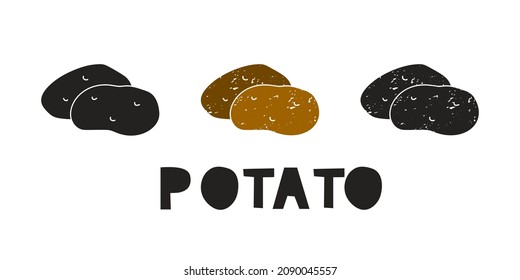 Potato, silhouette icons set with lettering. Imitation of stamp, print with scuffs. Simple black shape and color vector illustration. Hand drawn isolated elements on white background
