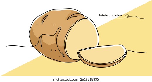 Potato and slice vector continuous single line art drawing sketch on white background