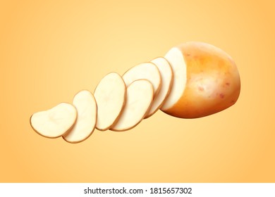 Potato sliced from a complete one in 3d illustration over yellow background, design element for chips ad