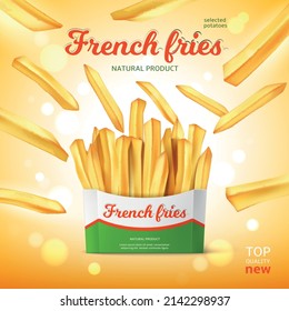 Potato snack product poster. Realistic French fries packaging. Advertising banner. Unhealthy meal in cardboard box. Flying pieces. Deep fried cooking. Vegetable fast food