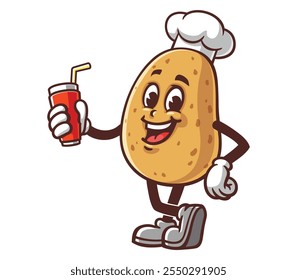 Potato with soft drink,  Cartoon Mascot Illustration Character Vector Clip-art Hand-drawn Logo Design