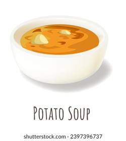 Potato soup dish served in bowl in restaurant or diner. Isolated tasty and nutritious food, meal for breakfast or dinner, lunch or snack. Hot and spicy delicacy. Vector in flat style illustration