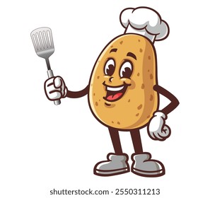 Potato with spatula,  Cartoon Mascot Illustration Character Vector Clip-art Hand-drawn Logo Design