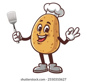 Potato with spatula and okay sign pose,  Cartoon Mascot Illustration Character Vector Clip-art Hand-drawn Logo Design