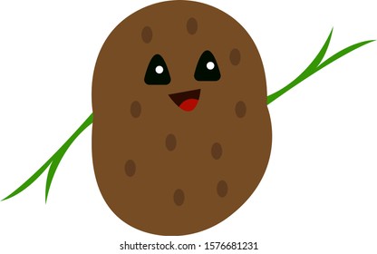 potato with a sweet smile and black sparkling eyes affably waving a green sprout cartoon character for design food and vegetables concept