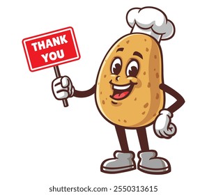 Potato with thank you sign,  Cartoon Mascot Illustration Character Vector Clip-art Hand-drawn Logo Design