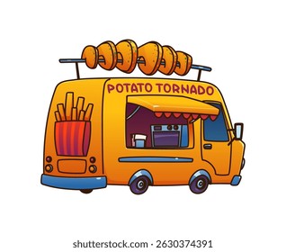 Batata tornado food truck car, festival street food truck van. Cartoon amarelo com rodas retro café com uma espiral gigante fritas skewer no topo. Cabine de veículo vetor possui uma área de cozinha aberta e um toldo
