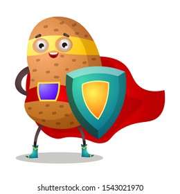 Potato in traditional costume of superhero with shield vector illustration