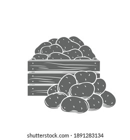 Potato tubers monochrome glyph vector illustration in retro style for store ad. Farm potatoes in wooden box, bunch. Harvested root crops isolated on white.