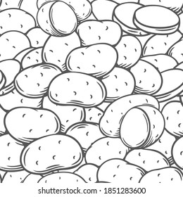 Potato tubers seamless pattern outline hand drawn monochrome, vector ink illustration. Backdrop of engraved isolated root crops in boxes, burlap sackes, seedlings for ad farm food store, wrapping
