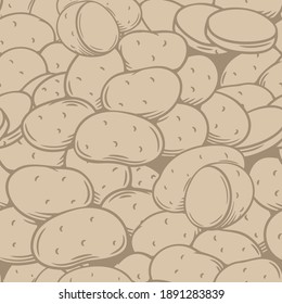 Potato tubers seamless pattern outline hand drawn brown, vector illustration. Backdrop of engraved root crops in boxes, burlap sackes, seedlings for ad farm food store, wrapping