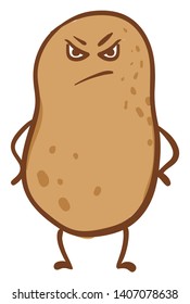Potato with two arms and legs, angry eyes and frown, vector, color drawing or illustration. 