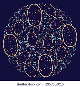 Potato vector circle pattern. Funny doodle healthy food on a dark background.