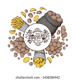 Potato vector illustration. Bag of potatoes, french fries, rustic potatoes and chips hand drawn. Potato  label. Logo concept.