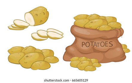 Potato vector illustration bag with potatoes, sliced potatoes