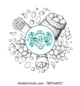 Potato vector illustration. Bag of potatoes, french fries, rustic potatoes and chips hand drawn. Engraved style label. Logo concept.