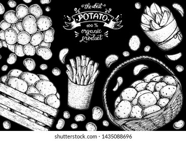 Potato vector illustration. Box and bag of potatoes. French fries, rustic potatoes and chips hand drawn. Engraved style frame. 