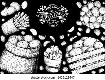 Potato vector illustration. Box and bag of potatoes. French fries, rustic potatoes and chips hand drawn. Engraved style design.