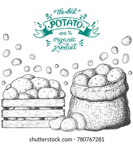 Potato Vector Illustration. Box And Bag Of Potatoes. Engraved Style.